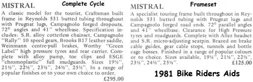 Aids 1981 Mistral frameset and bike spec